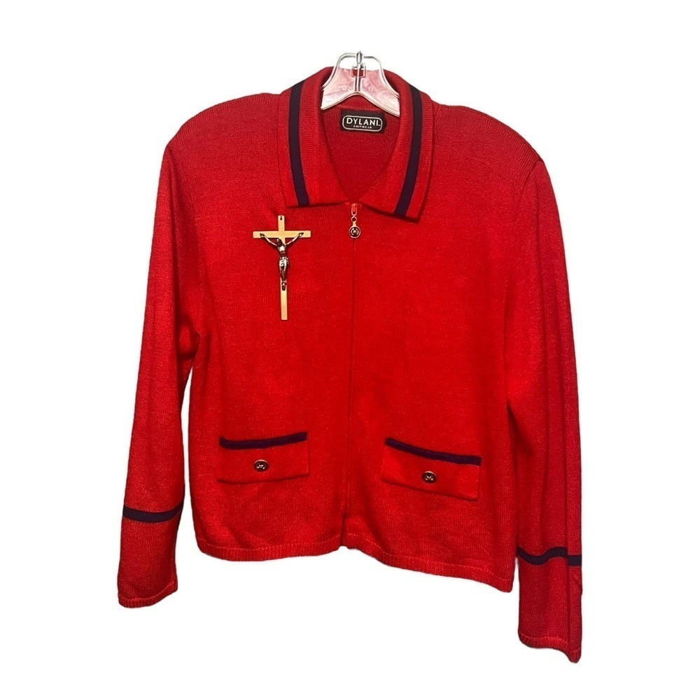 Dylani Vintage Cardigan M/L Red Knit Zip Front Cross Brooch